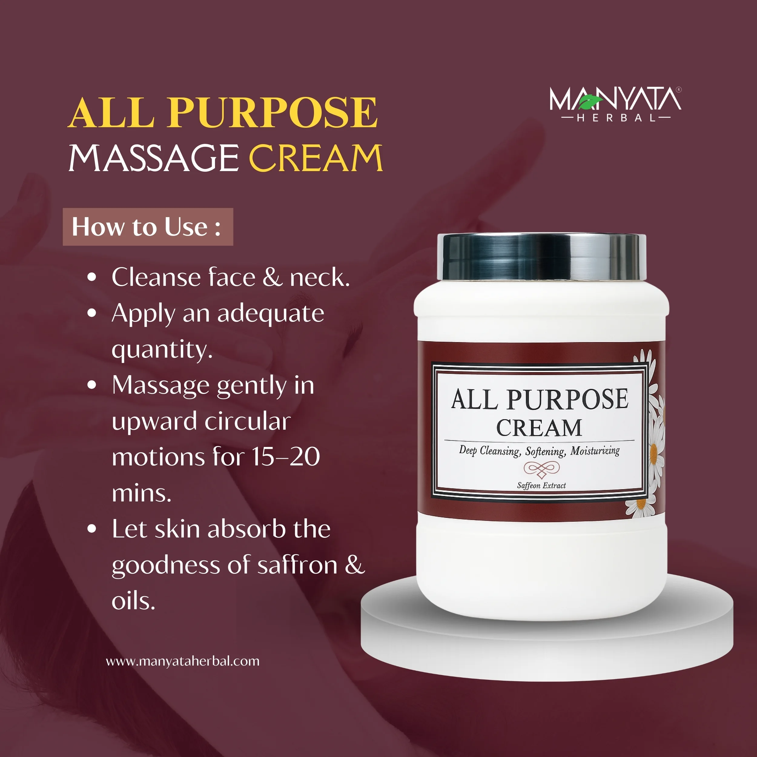 Manyata Herbal All Purpose Cream Manyata Herbal All Purpose Cream – Saffron & Almond Oil Enriched Massage Cream (800g)