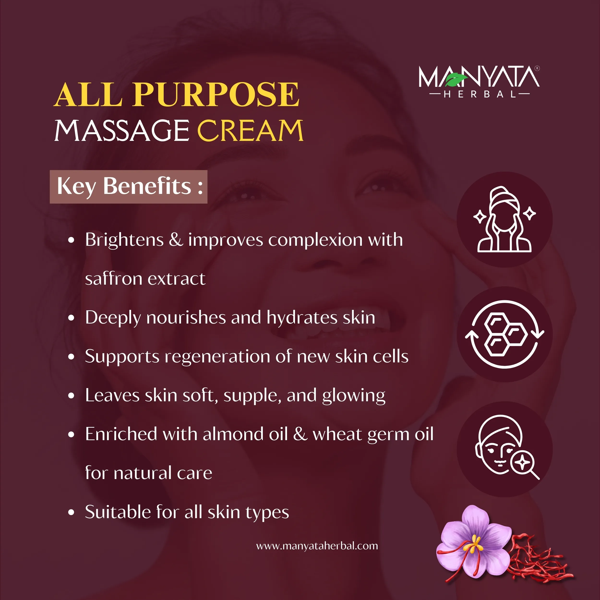 Manyata Herbal All Purpose Cream Manyata Herbal All Purpose Cream – Saffron & Almond Oil Enriched Massage Cream (800g)